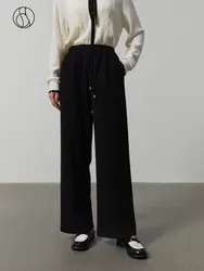 DUSHU 2022 Winter Women Straight Wide-Leg Trousers Solid Thicken Women Elastic Waist White Commuter Pant All-Match Black Pants