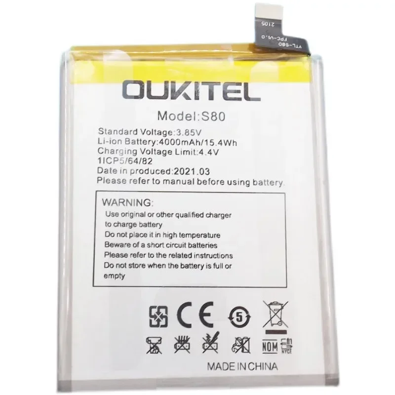 Bateria de Alta Capacidade para Oukitel S80, Long Standby Time, Nova Data de Produção, 100% Original, C21, 4000mAh