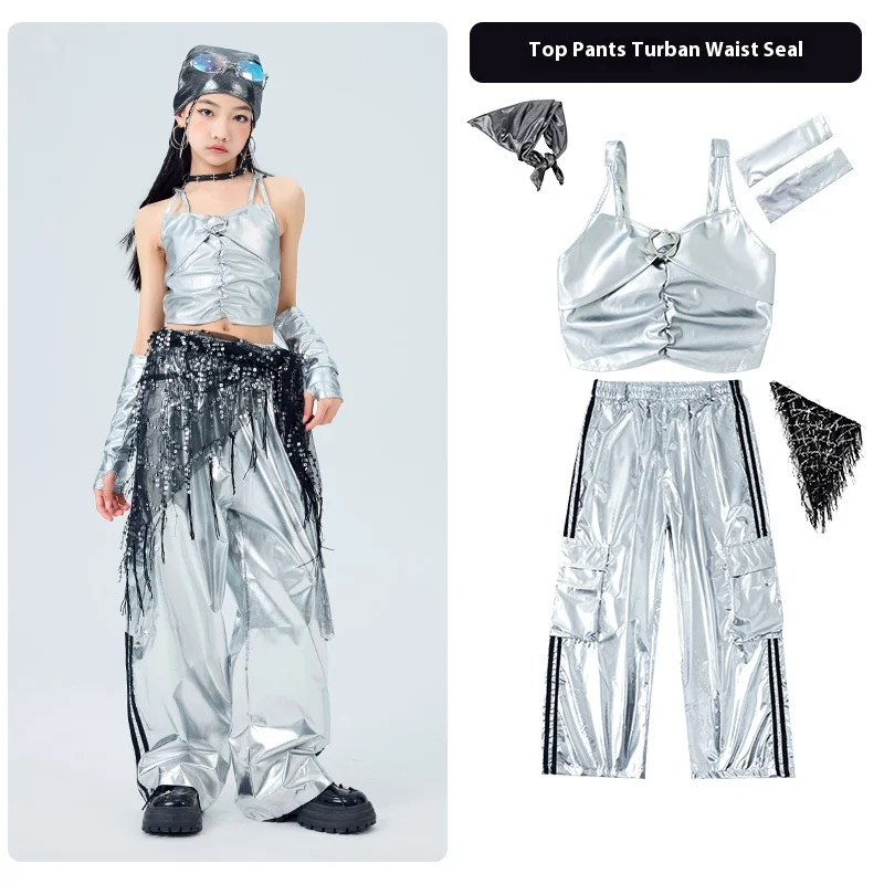 Girls K-pop Laser Crop Top Girdle Silver Cargo Pants Street Dance Kids Hip Hop Shiny Streetwear Child Jazz Costumes Clothes Sets