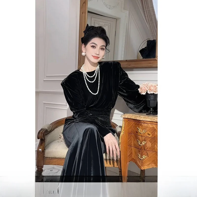 

Женский топ Ele Velvet с высокой талией, утягивающий, с рукавами-фонариками, ранняя весна, модный, класса люкс, Cheval Qianjin