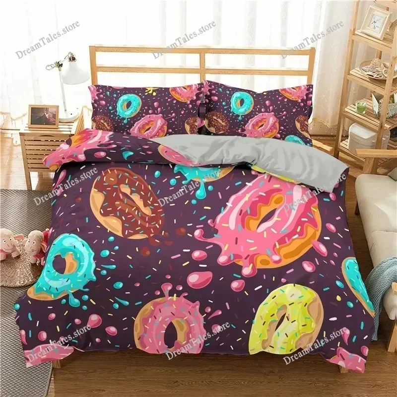 

Colorful Donut King Size Duvet Cover Cartoon Sweet Chocolate Dessert Bedding Set for Kids Girl Food Polyester Quilt Cover741