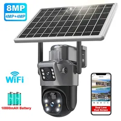 4K 8MP Dual Lens Solar Camera Outdoor Security WiFi Surveillance Cameras With Solar Panel PIR Human Detection PTZ CCTV Camera