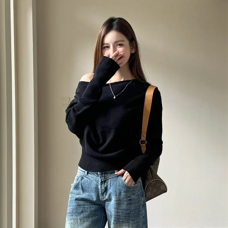 Sueter Feminino Schwarz Skew Kragen Gestrickte Pullover Frauen Pullover Lange Ärmel Stricken Pullover Pullover Frauen Tops Strickwaren Q1416