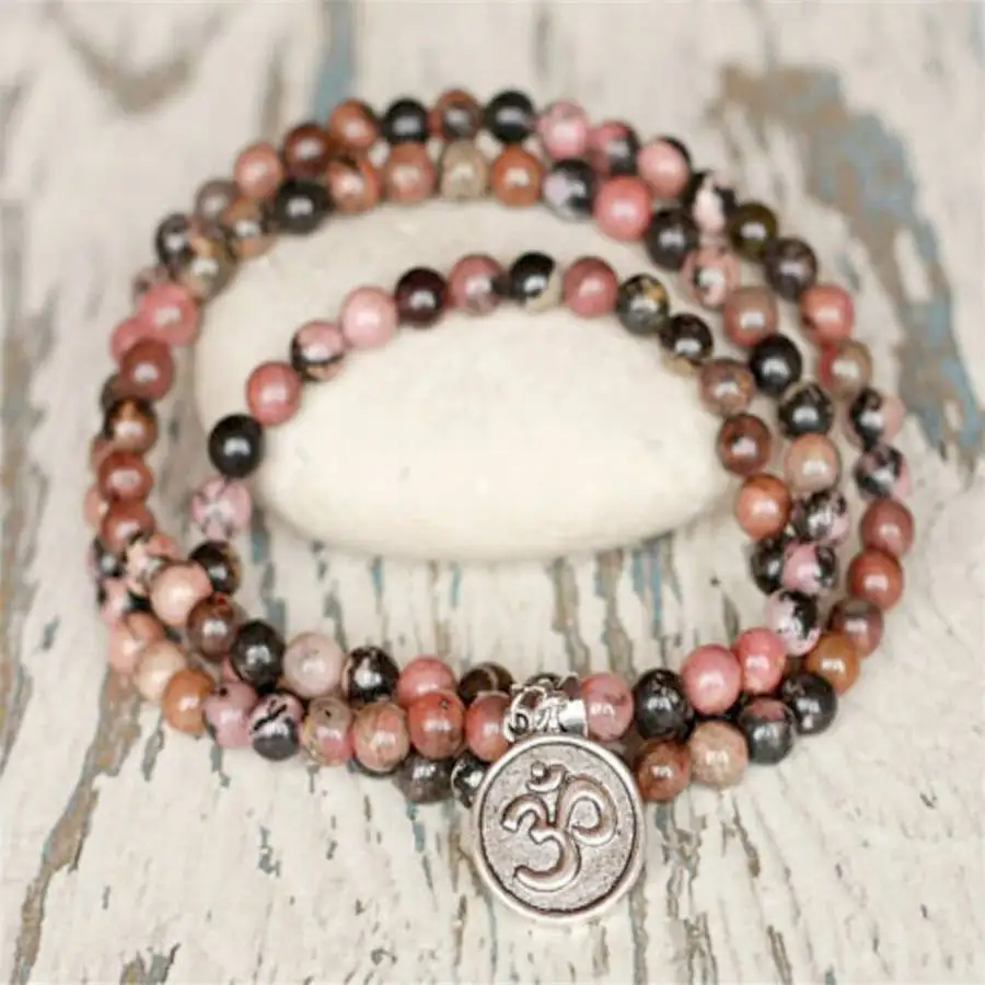 

6mm Rose Rhodonite Gemstone Mala Bracelet 108 Bead Bodhi Chaplet Hand Yoga Stone Spiritual Buddhist Sacred Bead Buddha Chakra
