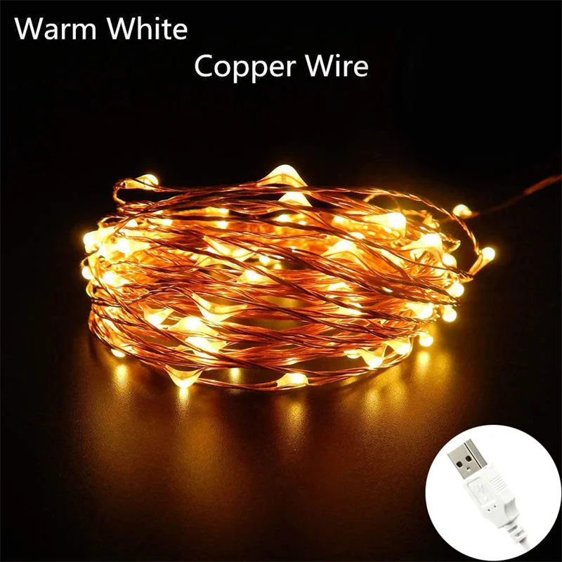 Cadena de iluminación USB de 2M, 5M, 10M y 20M, luces Led de colores para vacaciones, decoración de bodas y Navidad, cable de cobre USB blanco cálido