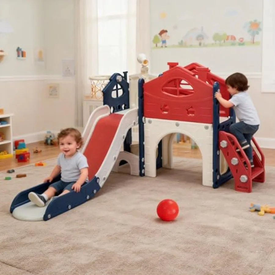 

8 in 1 Toddler Slide Indoor Slide and Climber Slides for with Basketball Hoop Telescope and Storage Space freestanding Playgrou