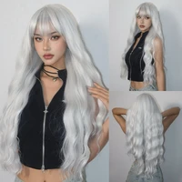 Peluca sintética plateada súper larga y rizada con flequillo esponjoso, pelucas de pelo ondulado con agua blanca para mujer, peluca de pelo de colores para Cosplay de uso diario