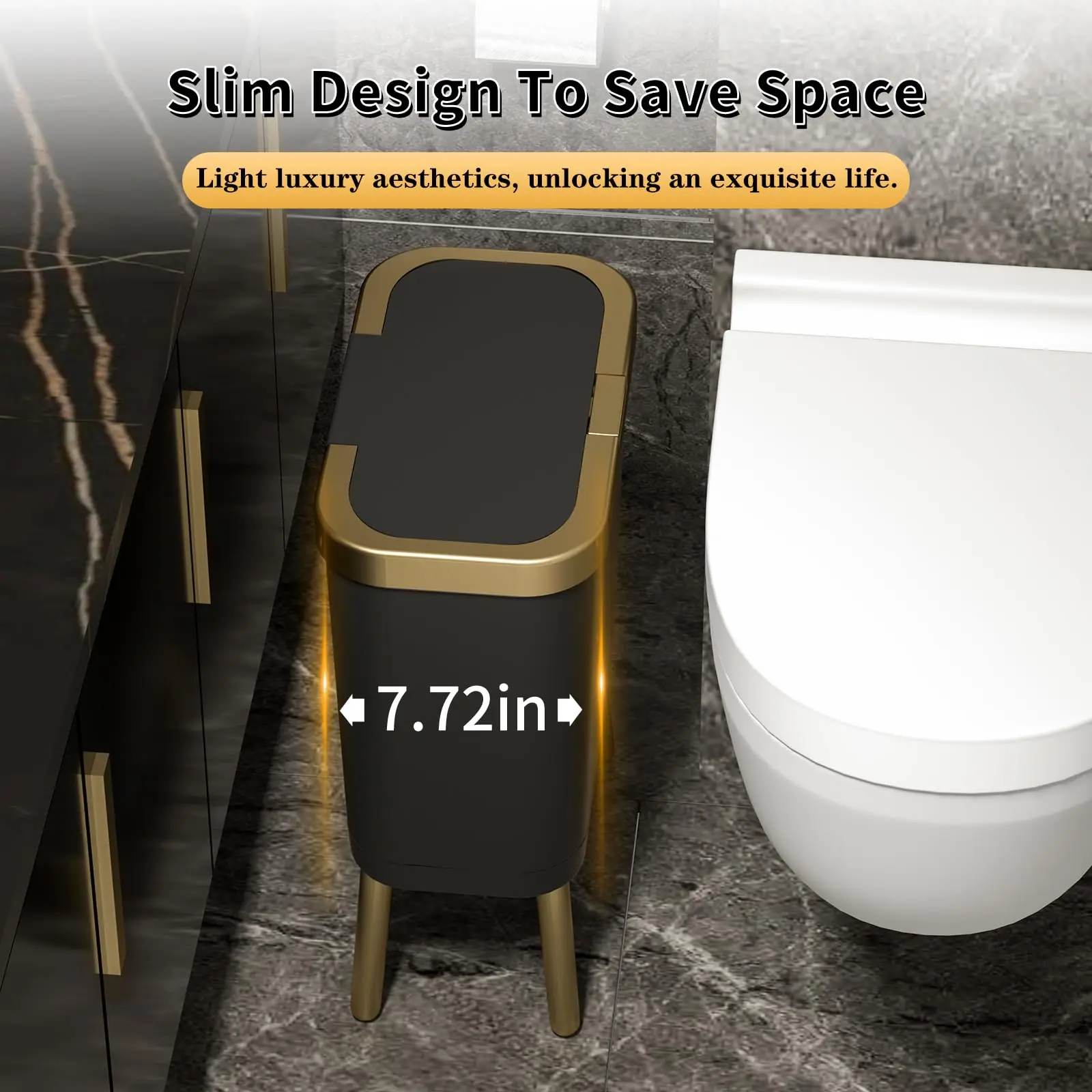 Dog Proof Press Top Lid Bedroom Trash Can with Lid Slim Bathroom Cans Modern Gold Plastic Waste Basket for Office Kitchen