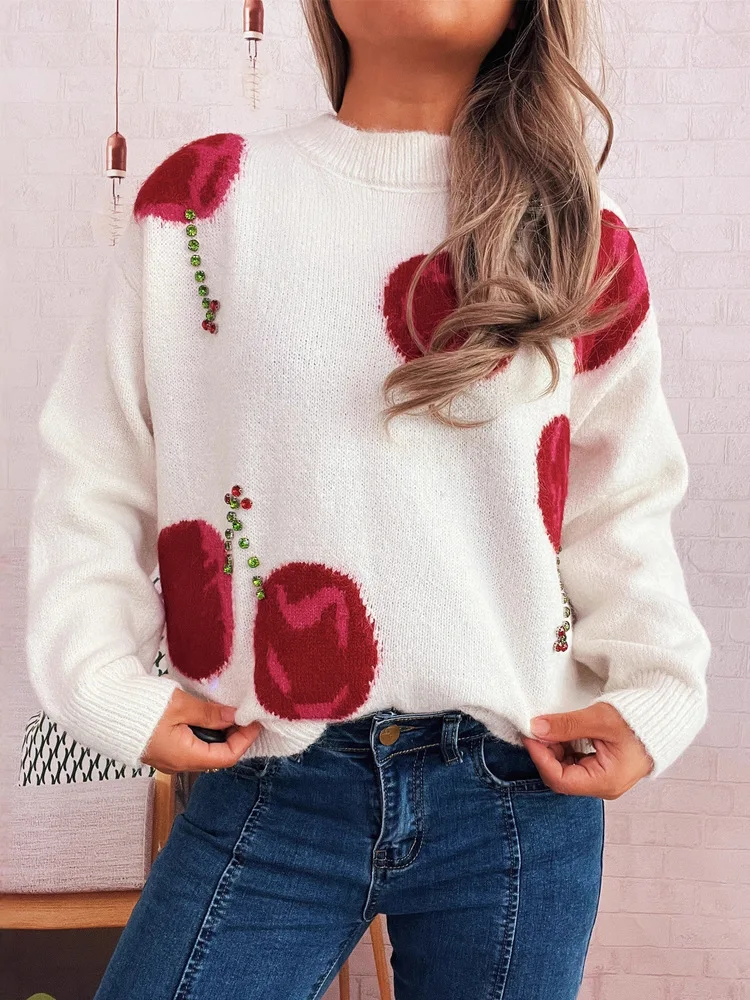

Autumn Winter Sweaters Women 2025 Fashion Cherry Jacquard Rhinestone O-neck Pullovers Female Long Sleeve Knitted Tops