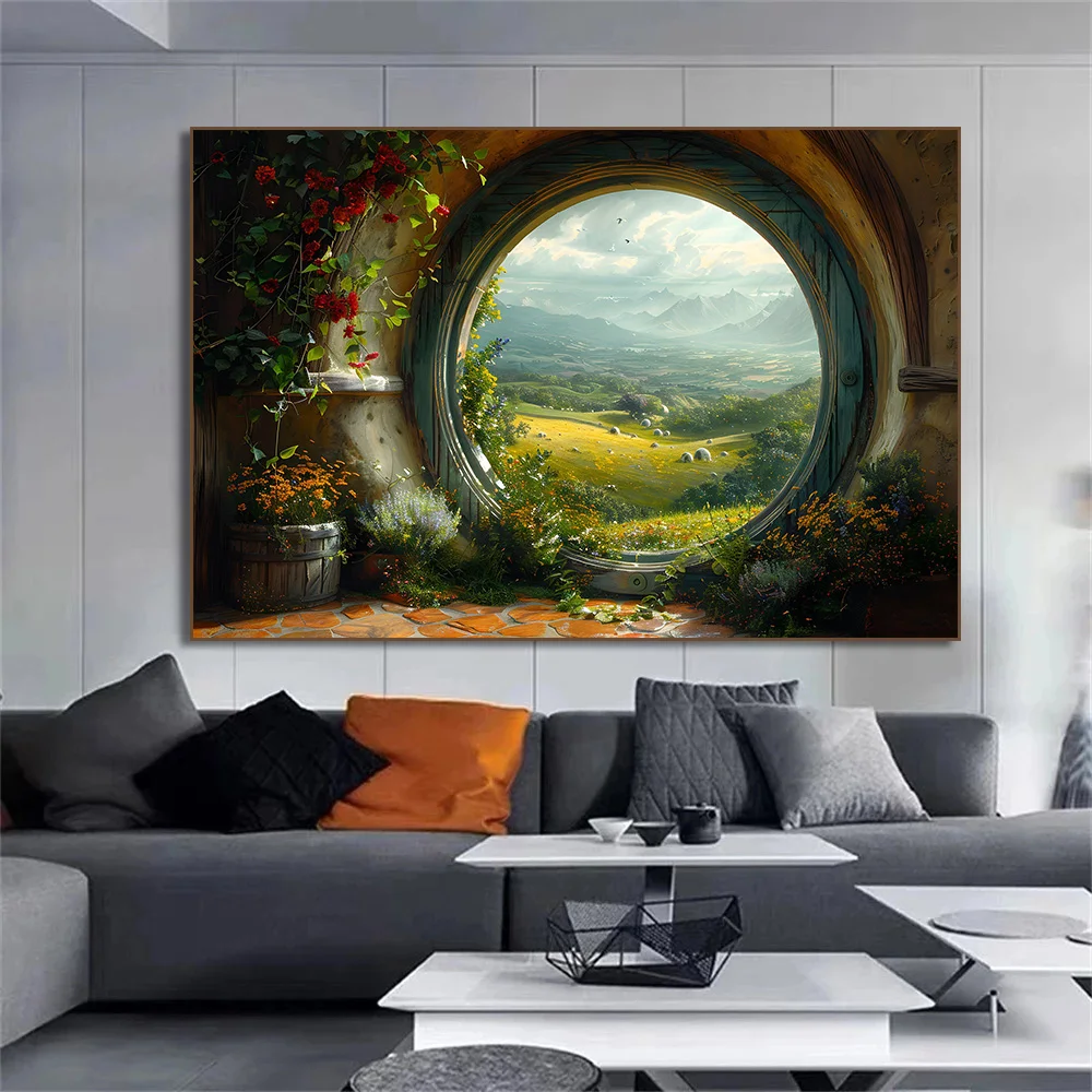 H-Hobbit Casa Pintura em Tela Impressão de Arte, Arte de Parede de Paisagem Shire, Fantasia de Campo da Natureza para Sala de estar Decoração de Casa,
