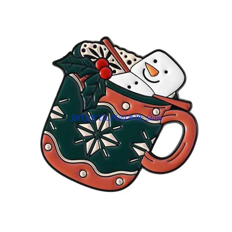 E21F Holiday Themed Snowman Cup Brooch Elk Gingersnap Alloy Corsage Pin Jewelry Gift For Winter Festive Occasions