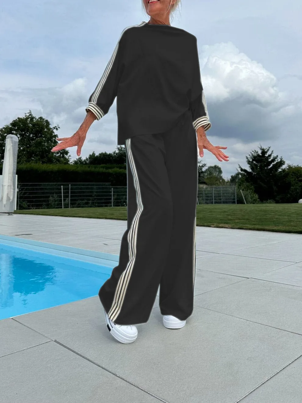 Traje deportivo de béisbol holgado informal para mujer, Tops y pantalones con estampado a rayas, conjuntos de dos piezas, trajes de pantalones registradores de otoño