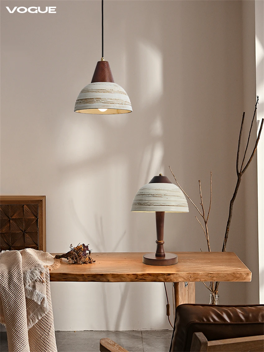 Wood art wabi-sabi style ceramic table lamps living room solid wood vintage homestay lamp Japanese