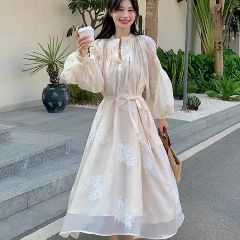 

France Elegant Lantern Sleeve Embroidery Midi Dress for Women Spring Autumn New V Neck Lace Up Vestidos Korean Vintage Clothes