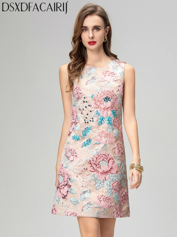 

DSXDFACAIRIJ Women's O-Neck Sleeveless Mini Dress Vintage Jacquard Tank Dresses Fashion for Autumn Diamond Detailing