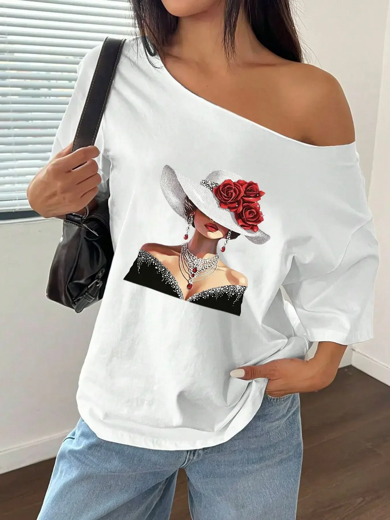 Camiseta Holgada de Algodón 100% con Estampado de Joyería y Sombrero de Rosas Elegante, Estilo Y2K, para Mujer, Tallas Grandes