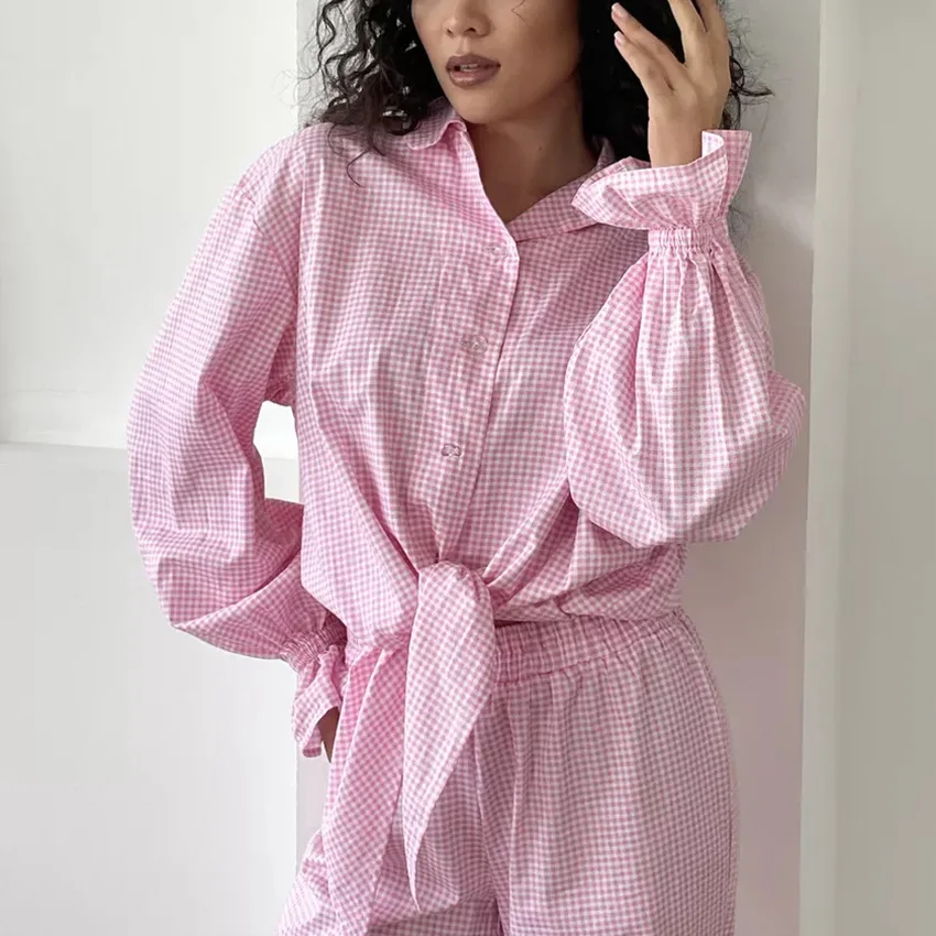 Autumn Winter Sweet Pink Plaid Cardigan Pajamas Long-sleeved Long Pants Ruffled Pajamas Sleepwear 2PCS Home Clothes For Women