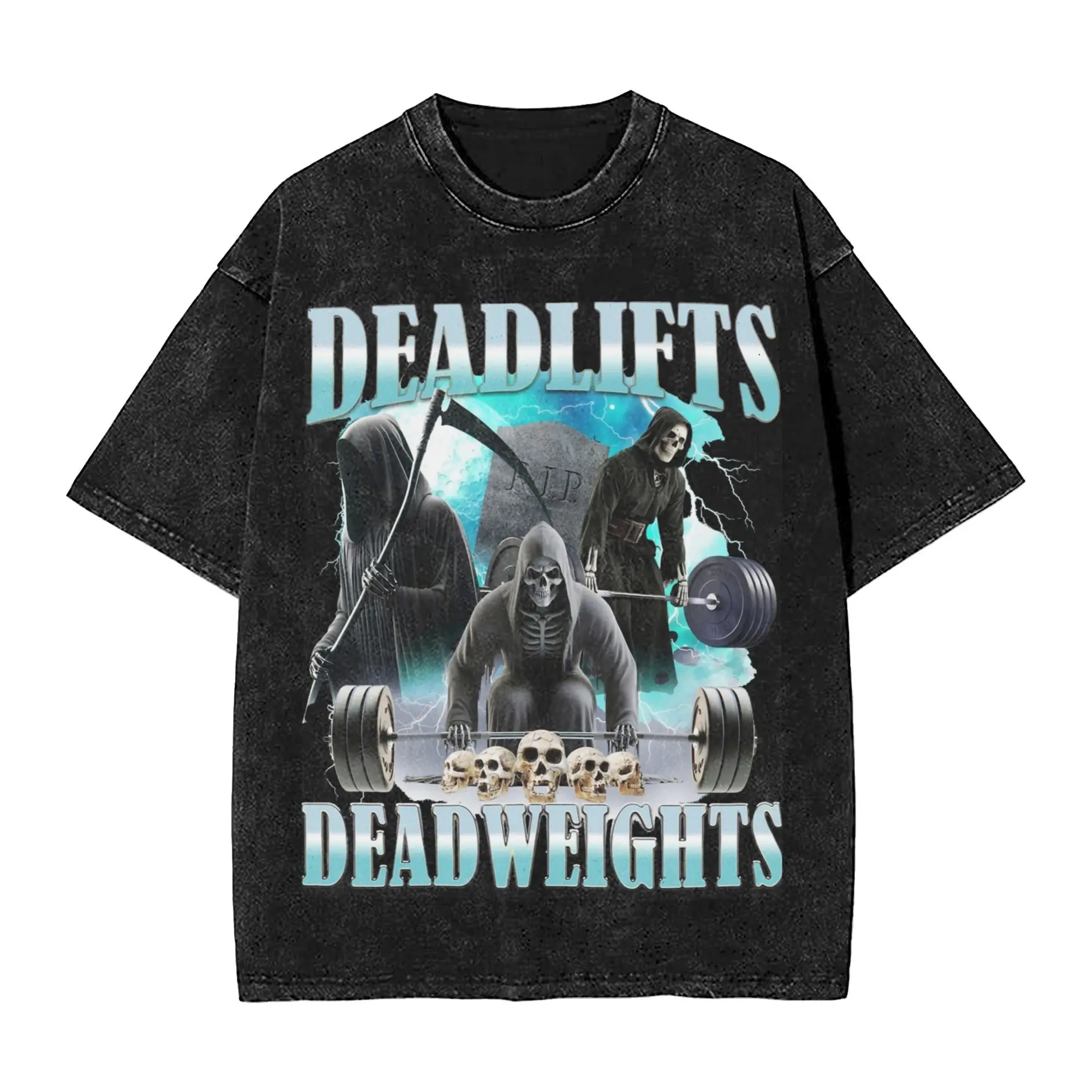 Funny Gym Halloween Grim Reaper Meme Spooky Deadlifts T Shirts Hip Hop Washed Street T-Shirts for Men Women Tops Streetwear Tees