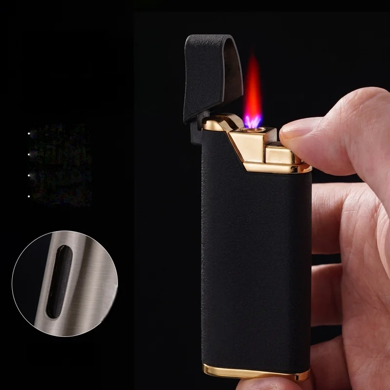 Slim Inflatable Gas Lighter, Matte Faux‑leather Shell, Golden Metallic Trim, Ultra‑thin Body, Elegant Business‑style