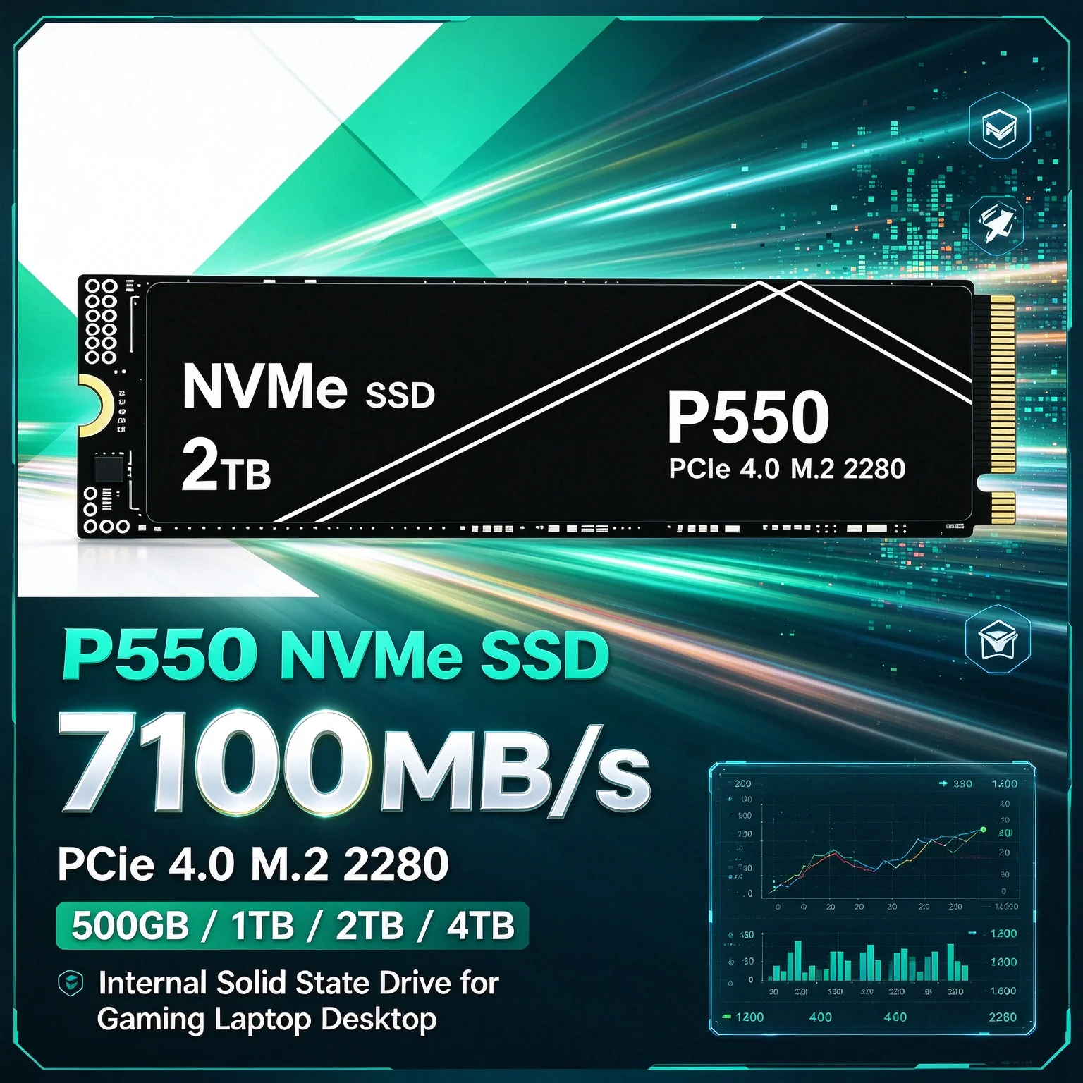 PCIe 4.0 M.2 2280 Built for Work, Tuned for Play P550 NVMe SSD 7100MB/s, 500GB 1TB 2TB 4TB Internal Drive Laptop & Desktop