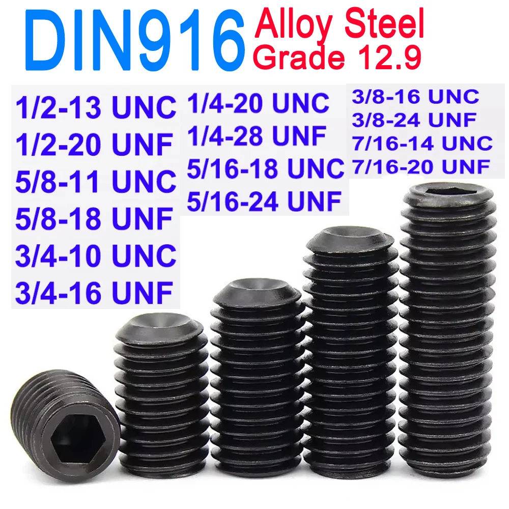 

DIN916 1/4'' 5/16'' 3/8'' UNC UNF Grade 12.9 Alloy Steel Hex Socket Set Screws with Cup Point Headless Grub Bolts