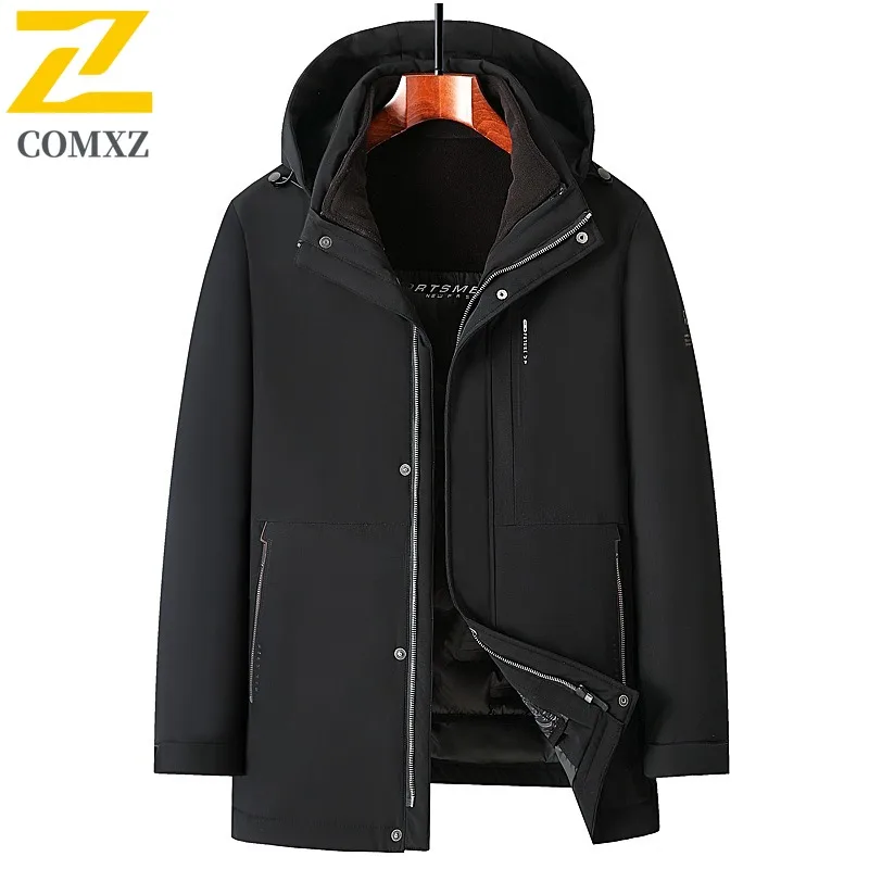 COMXZ 2025 Long Down Jacket Men's Winter New Casual Solid Color Hooded White Duck Down Warm Parka Outdoor Snow Cold-proof Coat