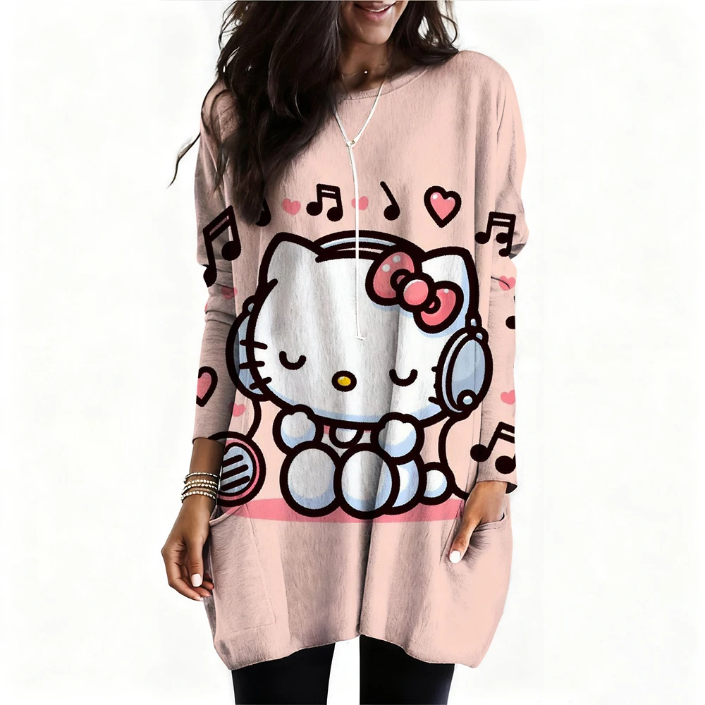 Girl Women's T-shirt Casual Kawaii Hello Kitty Cartoon Pattern Print Tshirt Comfortable Casual Women's Clothing Black Top