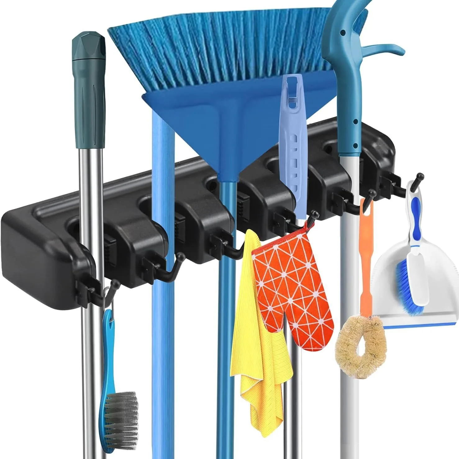 Wall Mounted Mop Holder 3/4/5 Position Multi-Functional Broom Hanger Shelf Home Kitchen Storage Black Magic Plastic Mop Holder