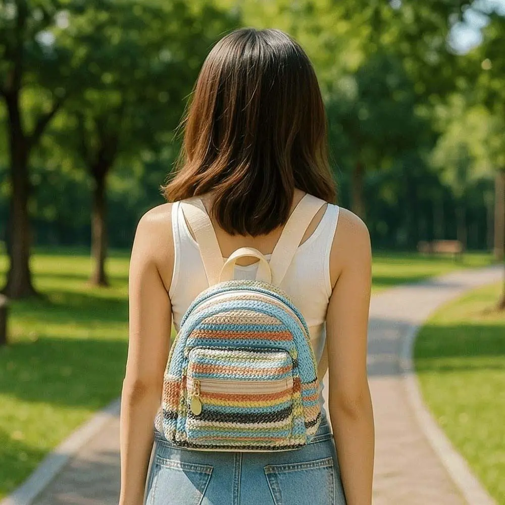 Portable Woven Small Backpack Lightweight Large Capacity Straw Weaving Backpack Polyester Multicolor Stripes Mini School Bag