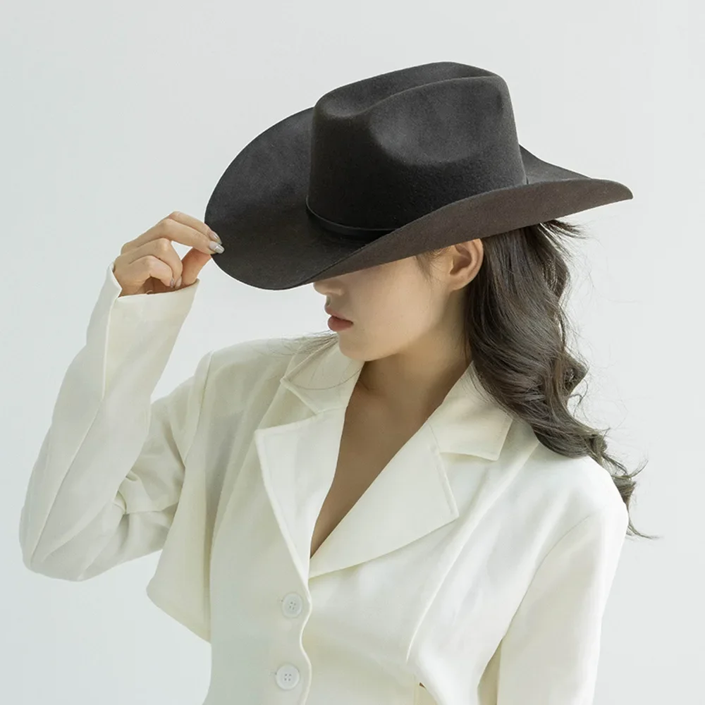 USPOP New Autumn Winter Women Fedoras with Belt Buckle Wide Brim Rolled Wool Cowboy Hat M L Size Obtainable