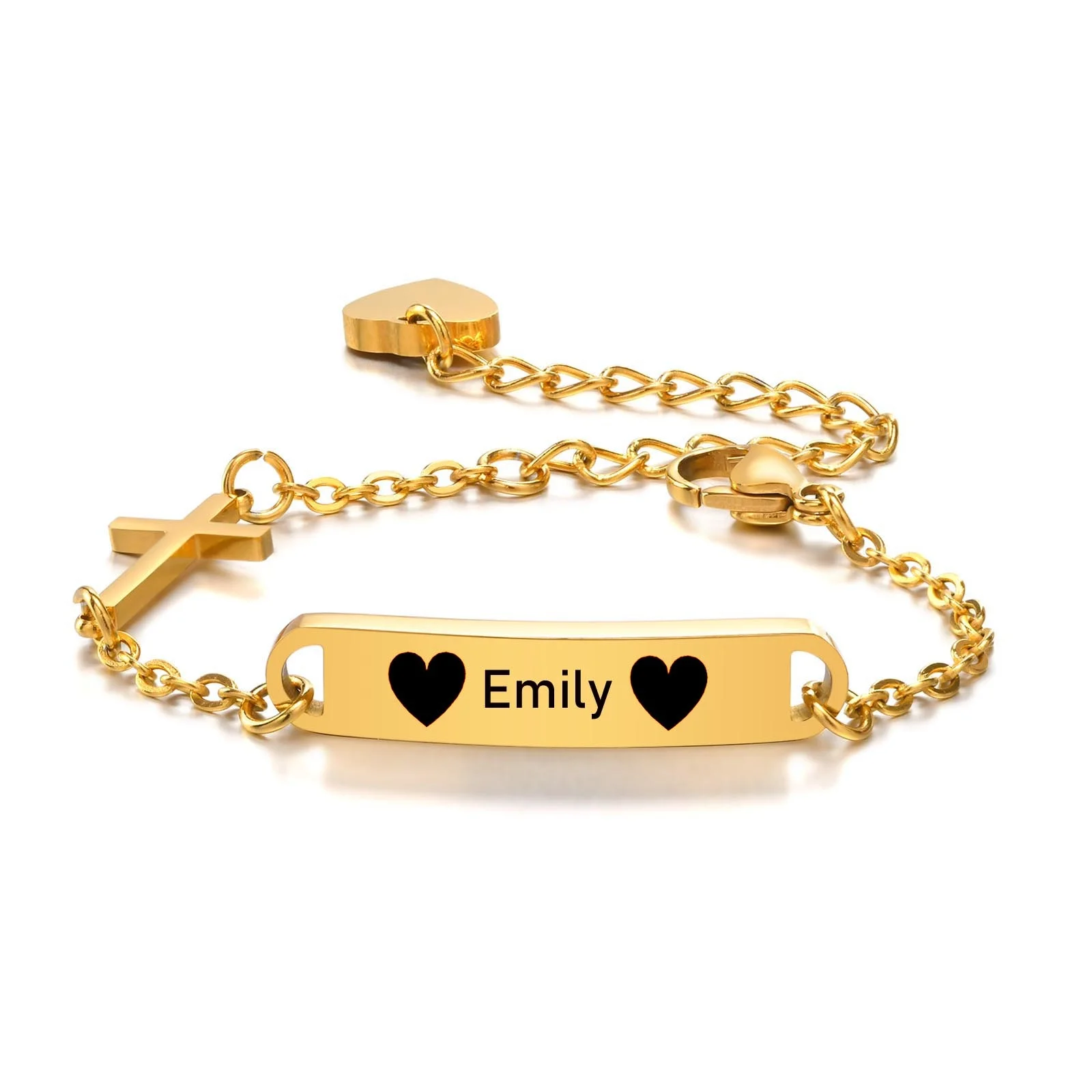 Personalized Stainless Steel ID Cross Bracelet for Girl Boy Gold Plated, Customized Nameplated Baptism Gift