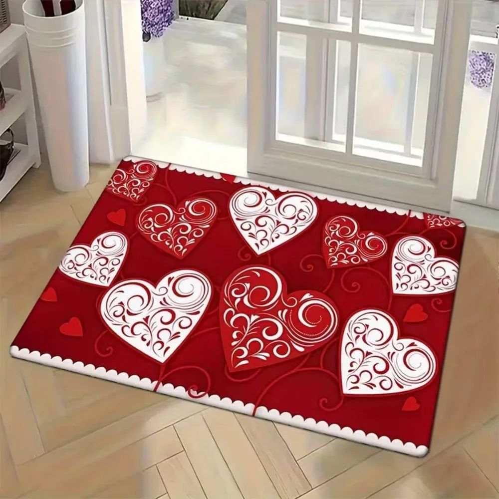 Weaving Texture Valentine Day Floor Mat Soft Beautiful Romantic Heart Anti Slip Mat Convenient Quick Dry Rose Door Mat Bedroom