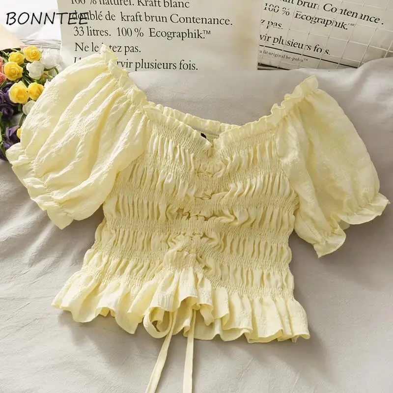Shirring Blouses Women Slim Sweet Pure Color Stylish Lovely Fashion Korean Style Summer Crop Tops New Arrival Females Tender Ins