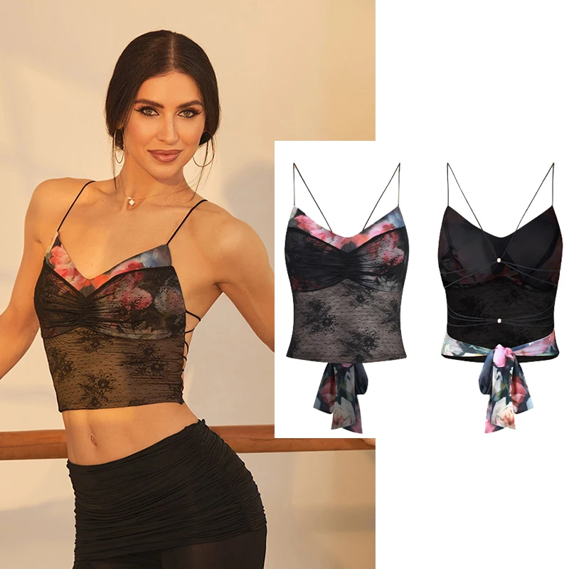 ZYM Dance Wear Summer Short Tops Lace-Up Backless Vest Adult Women Rumba Cha Cha Dance Tops Latin Practice Clothing DNV26590