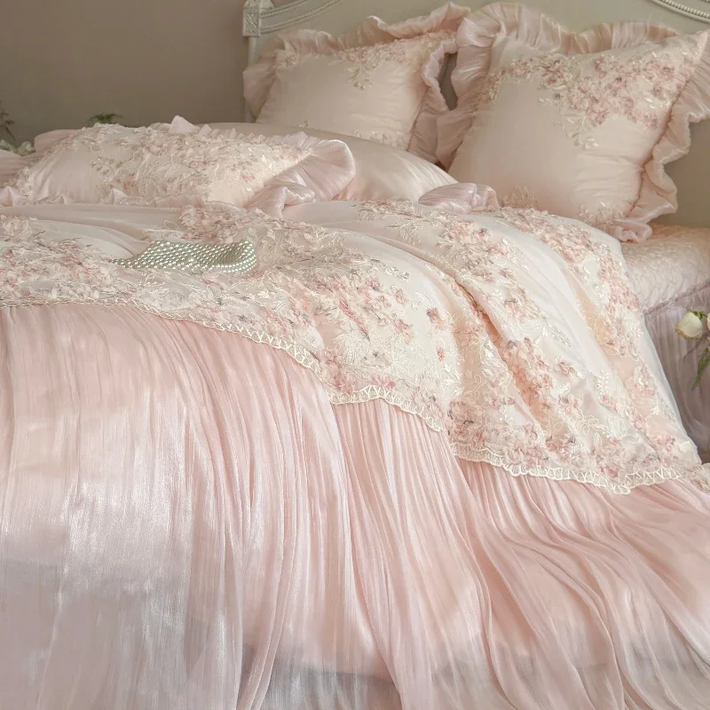 Bedroom Girl High-end All Cotton Long Staple Cotton Bedding 4-piece Set Pure Cotton Lace Duvet Cover Premium Bed Cover Bedding