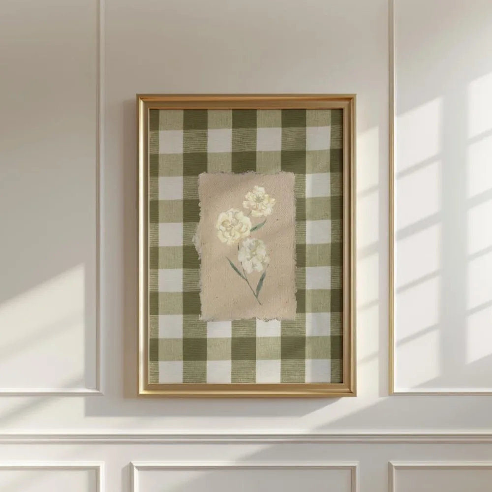 1pc Frameless Green Gingham Flower Print,Digital Downloadable Wall Art,Trendy Decor,Vintage Painting,Floral,Printable Decoration