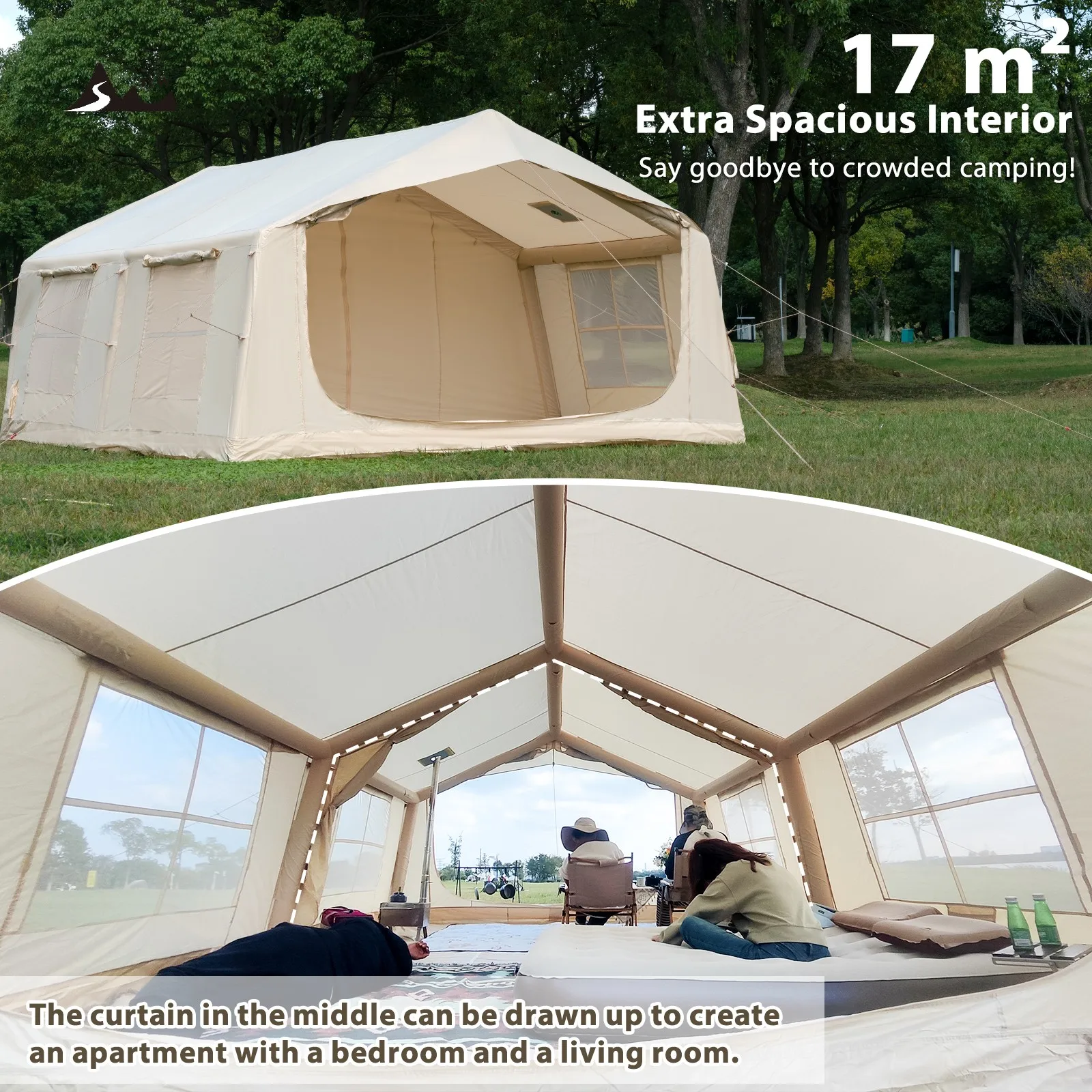 

Мгновенная настройка 17.8 ㎡ Надувная семейная палатка для кемпинга из прочной ткани Оксфорд, большая пневматическая палатка для комфортного глэмпинга