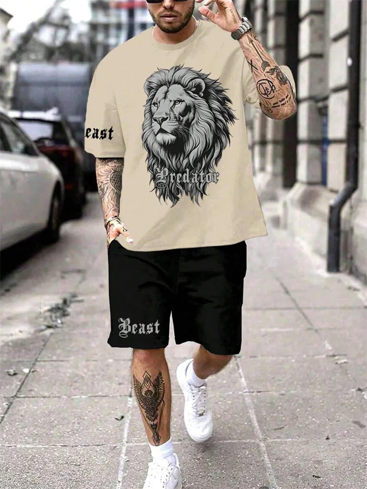 

2026 New 3D Lion Print Men's Sportswear Summer Plus Size Travel Clothing Men's Two-Piece Short-Sleeve Outdoor Casual Set