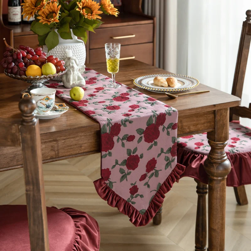 

Скатерть из смеси хлопка в стиле ретро с рюшами и узором розы, для праздничных свадеб, вечеринок и украшений для дома