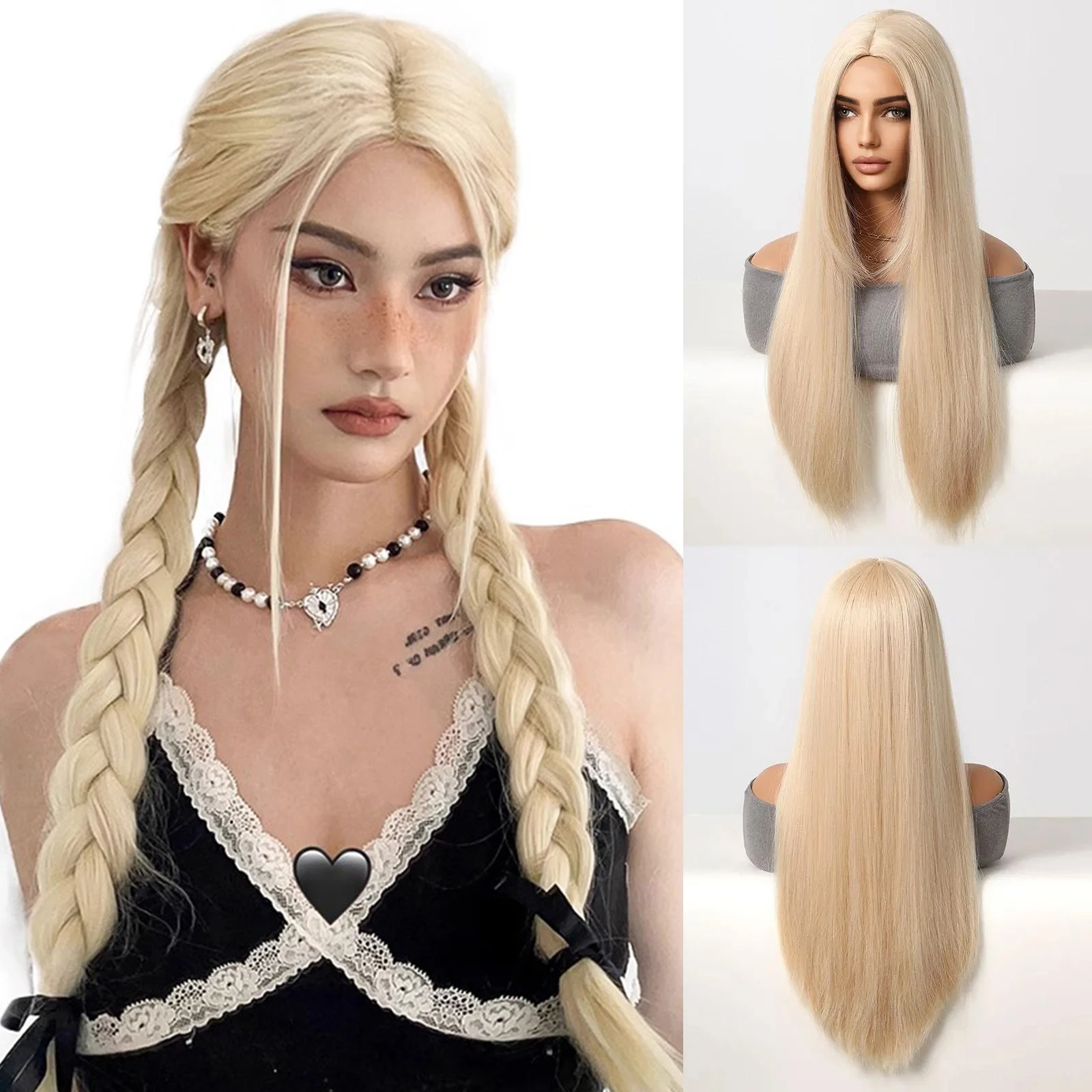 LOUIS FERRE Blonde Straight Synthetic Wigs for White Women Long Natural Blonde Hair Middle Part Cosplay Wigs Heat Resistant