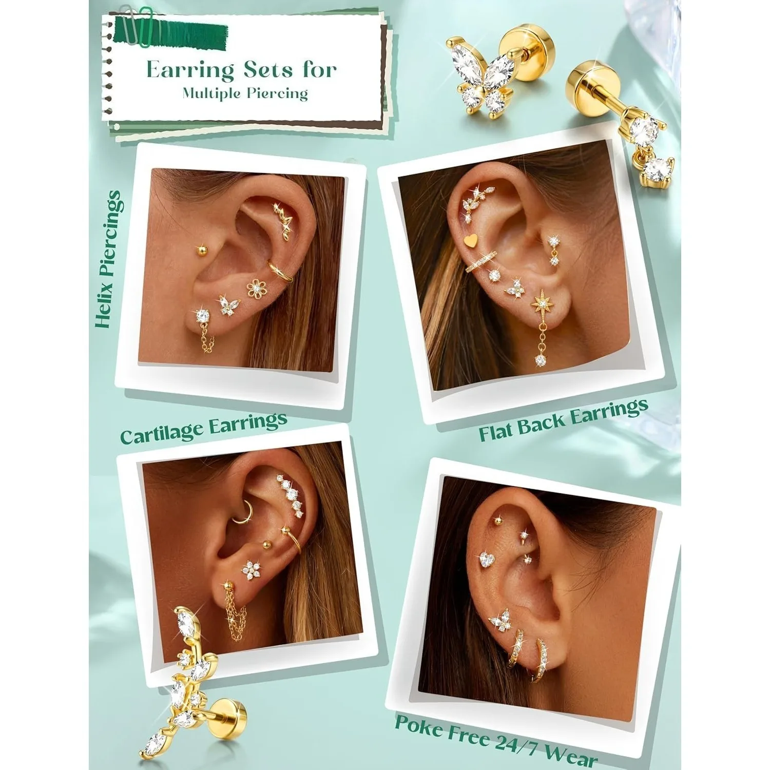 Florideco 14K Gold Plated Helix Piercing Jewelry Surgical Steel Flat Back Earrings Stack for Women CZ Chain Earrings Studs Hoops