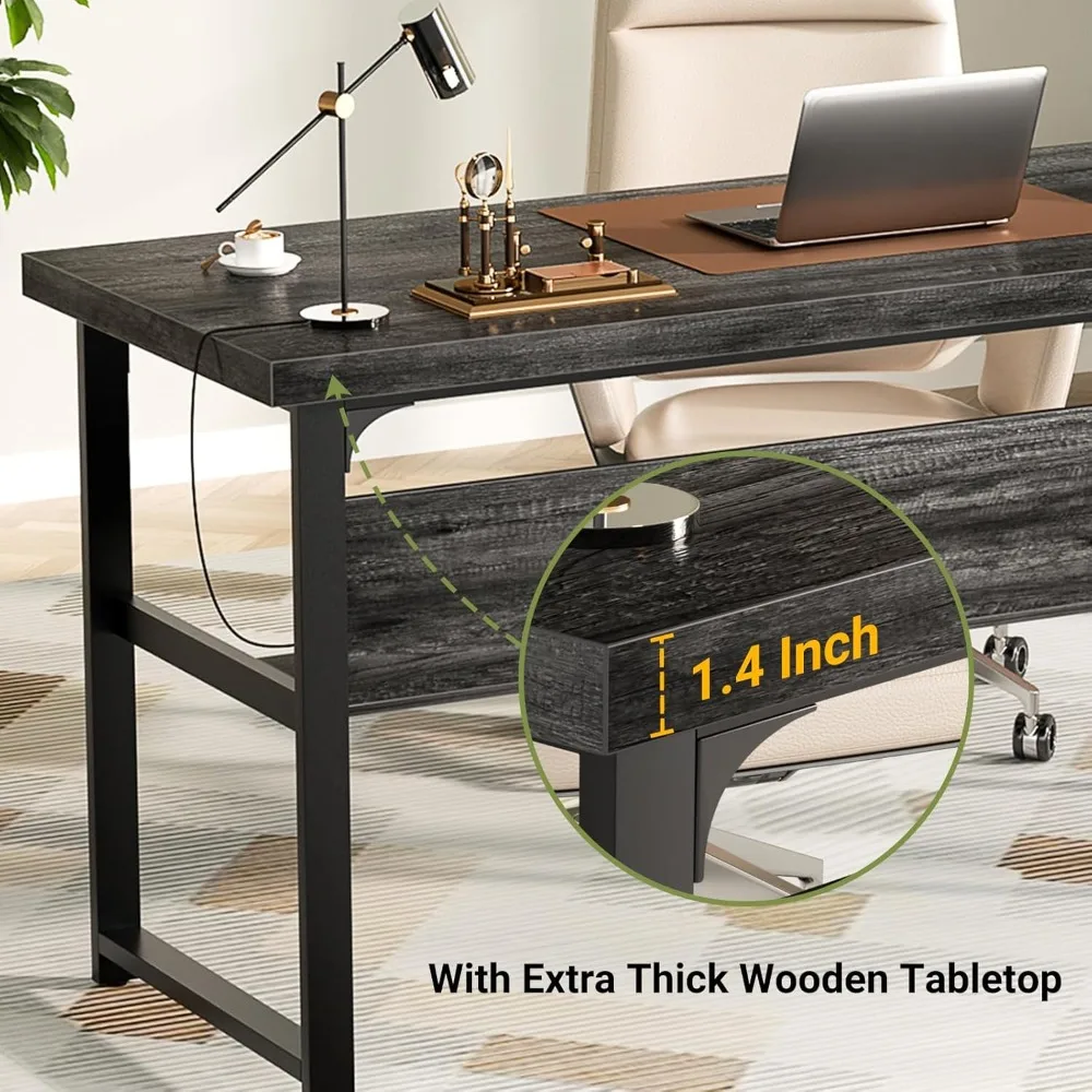 53 Inch Desk with Power Outlets and USB Ports, Computer Desk with 1.4 Inch Thicker Desktop, Heavy Duty Study Writing Table with