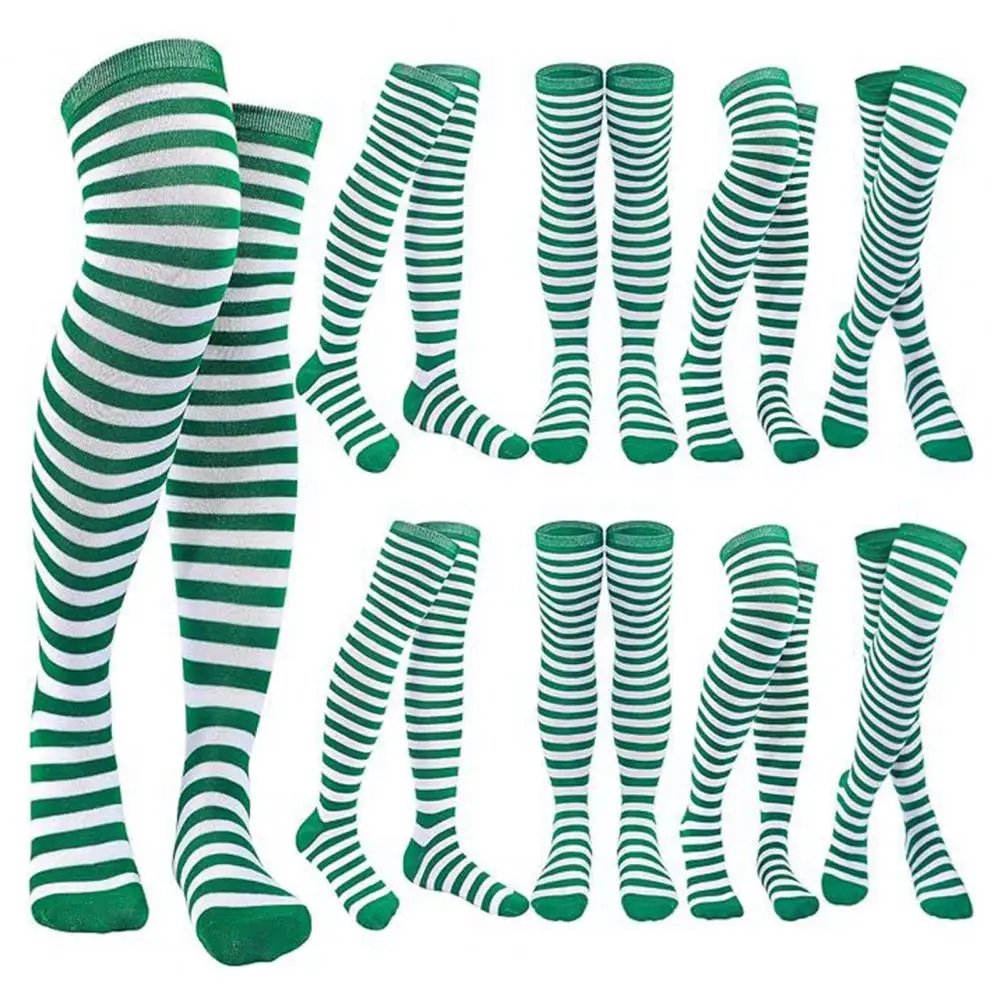 Elastic Thigh-highs Over-the-knee Striped Socks 3 Pairs Green White Striped Stockings with High Elasticity for Holiday Christmas