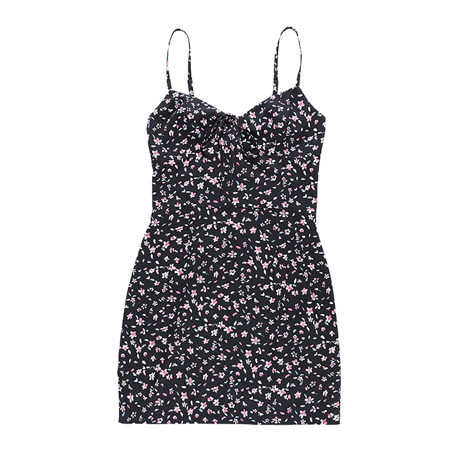 Robe d'été sexy à bretelles spaghetti pour femmes, dos nu, motif floral, en fibre noire, taille haute, coupe plage bohème, 2023