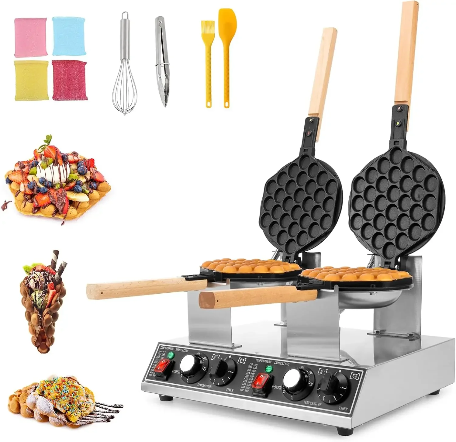 صانع الوافل الفقاعي التجاري من Dyna-Living بقدرة 1400 وات و1400 وات ماكينة صنع الوافل برأس مزدوج منتفخة على شكل بيضة هونج كونج غير لاصقة