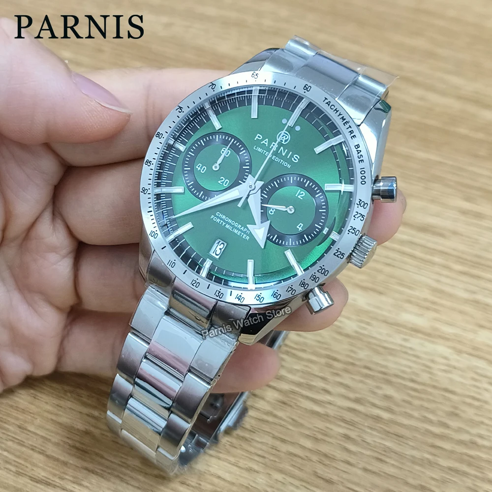 

Parnis 40mm Green Dial Quartz Chronograph Men's Watch Stainless Steel Strap Men Waterproof Sports Watches Gift Clock