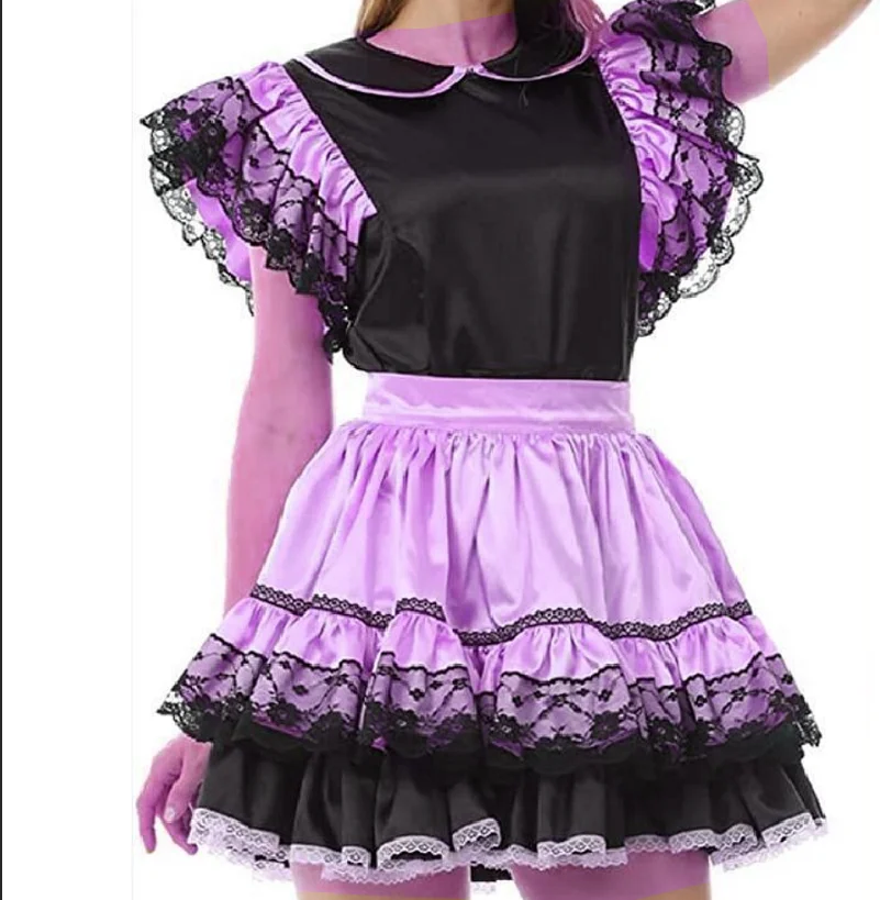 Adulto gigante neonata Sexy nero sottile raso Sissy vestito rosa grembiule cameriera gioco di ruolo vestito da ballo personalizzazione gotica