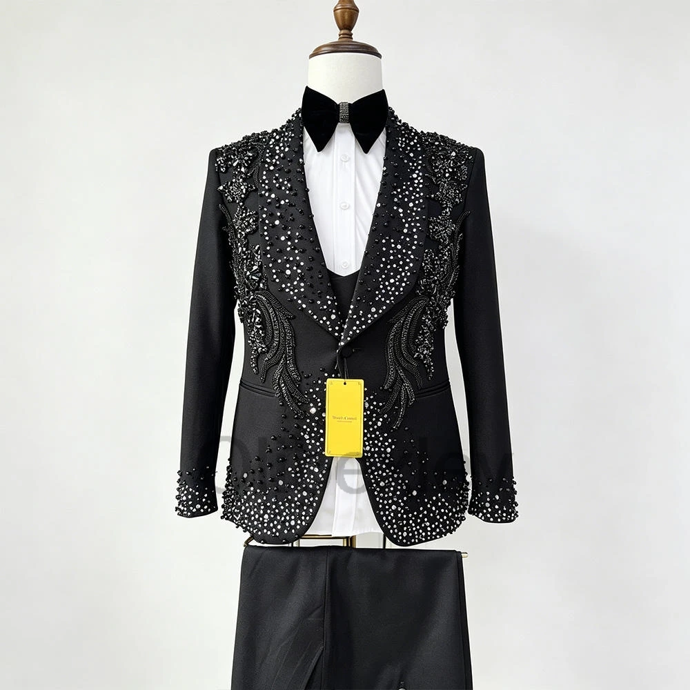 Olibexley Shiny Diamonds Men Suits Slim Fit Shawl Lapel Groom Wedding Tuxedos 3 Pieces Sets Male Prom Blazers Customized S481