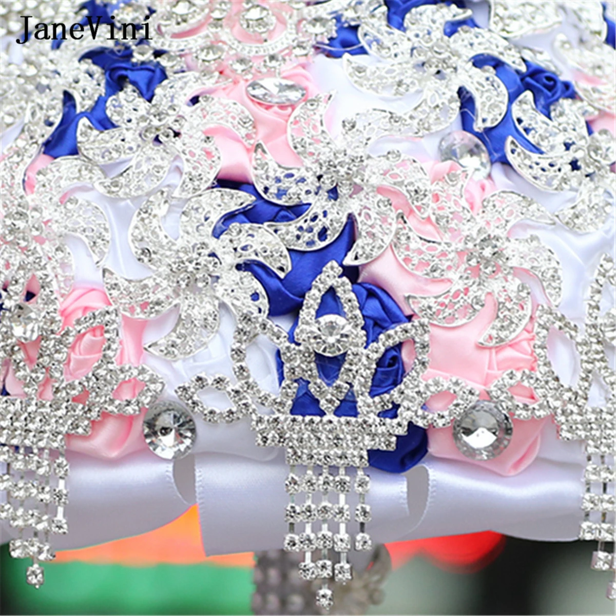 JaneVini 2023 Luxury Bridal Bouquets Bling Rhinestone Royal Blue Satin Roses Artificial Brides Flowers Wedding Bouquet De Marier