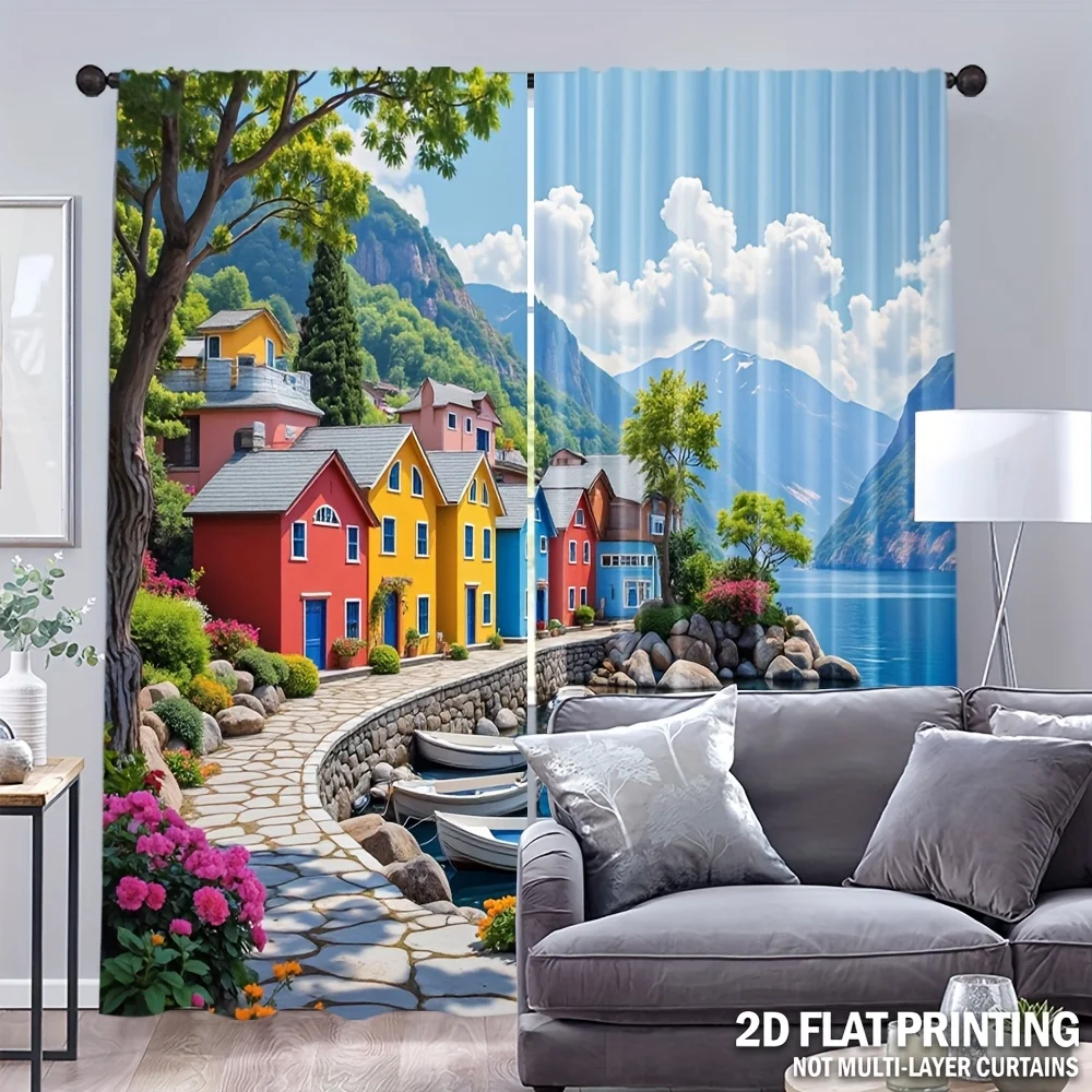 Vivid Lakeside Color Town Curtain 2 Panels Blooming Flowers Boat Mountain Inn Room Curtain Dreamy Holiday Bedroom Home Decor